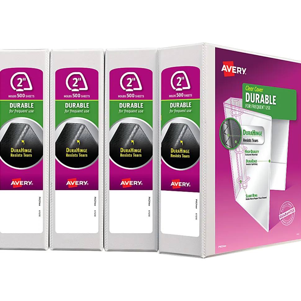 Avery® Durable Slant D-Ring View Binders, 8-1/2" x 11", 2" Slant Rings, White, Pack Of 4 Binders