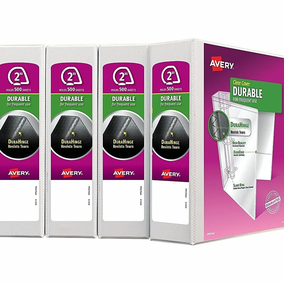 Avery® Durable Slant D-Ring View Binders, 8-1/2" x 11", 2" Slant Rings, White, Pack Of 4 Binders