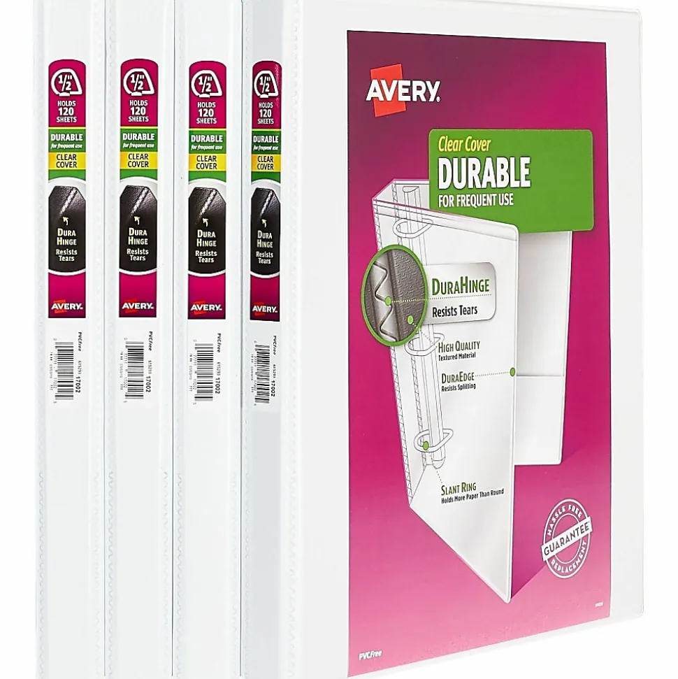 Avery® Durable Slant D-Ring View Binders, 1/2" Slant Rings, 44% Recycled, White, Pack Of 4 Binders
