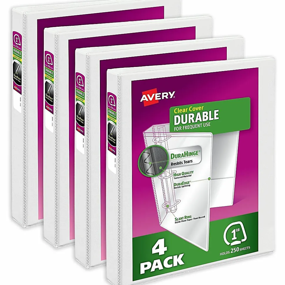 Avery® Durable View Binders, Letter-Size, 1" Slant Rings, 42% Recycled, White, Pack Of 4 Binders