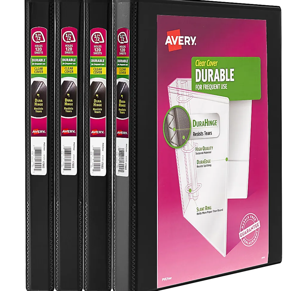 Avery® Durable View 3 Ring Binders, 0.5" Slant Rings, Black, Pack Of 4