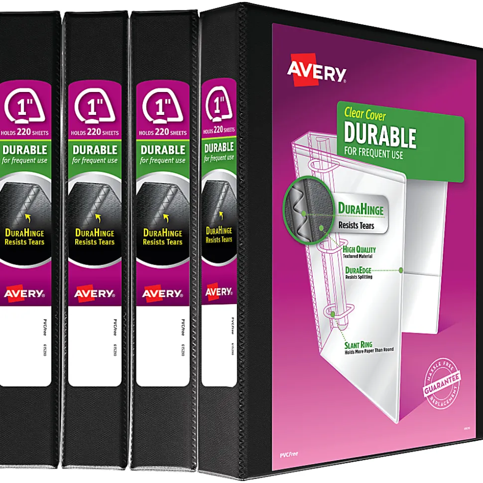 Avery® Durable View 3 Ring Binders, 1" Slant Rings, Black, Pack Of 4