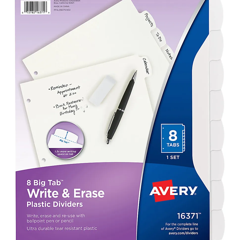Avery® Durable Write-On Plastic Dividers With Erasable Tabs, 8 1/2" x 11", White, 8 Tabs