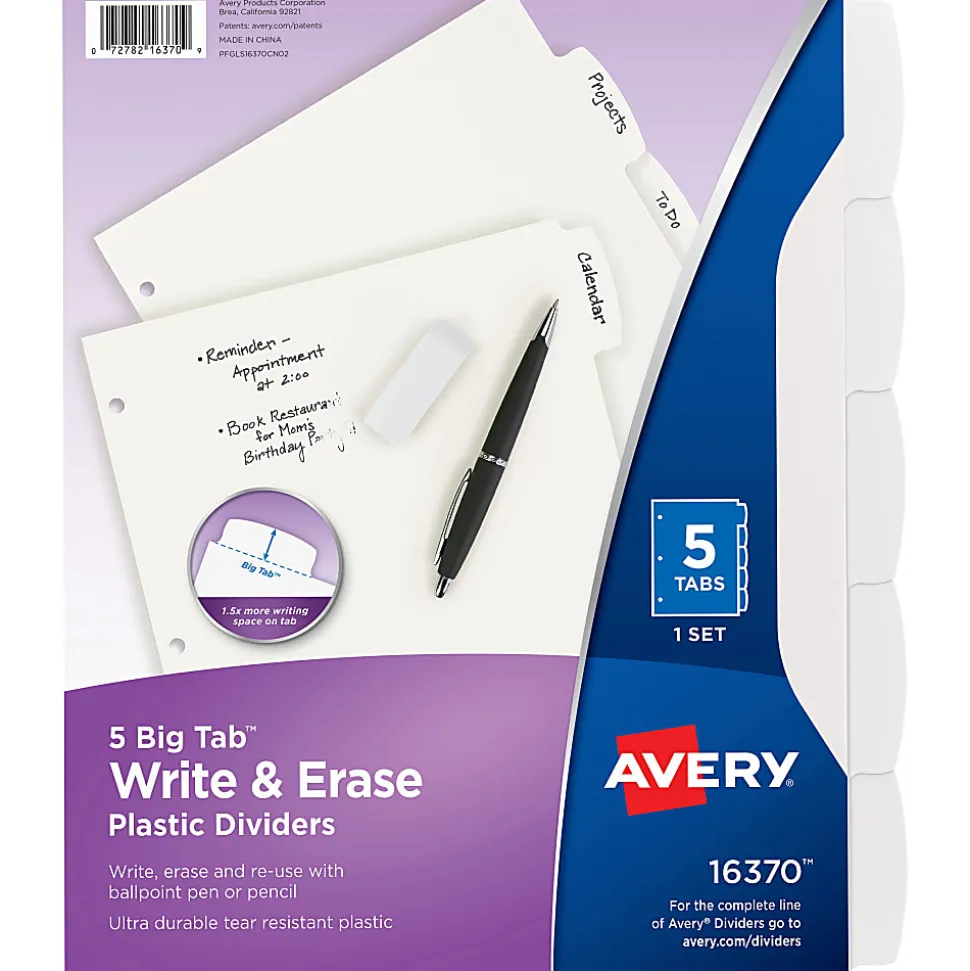 Avery® Durable Write-On Plastic Dividers With Erasable Tabs, 8 1/2" x 11", White, 5 Tabs
