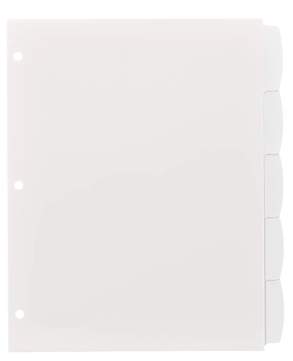 Avery® Durable Write-On Plastic Dividers With Erasable Tabs, 8 1/2" x 11", White, 5 Tabs