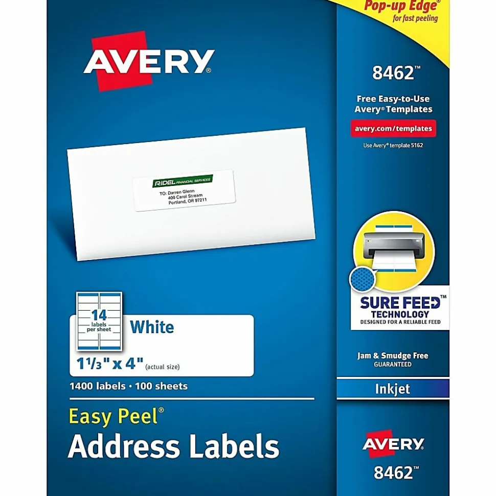 Avery® Easy Peel® Address Labels With Sure Feed® Technology, 8462, Rectangle, 1-1/3" x 4", White, Box Of 1,400