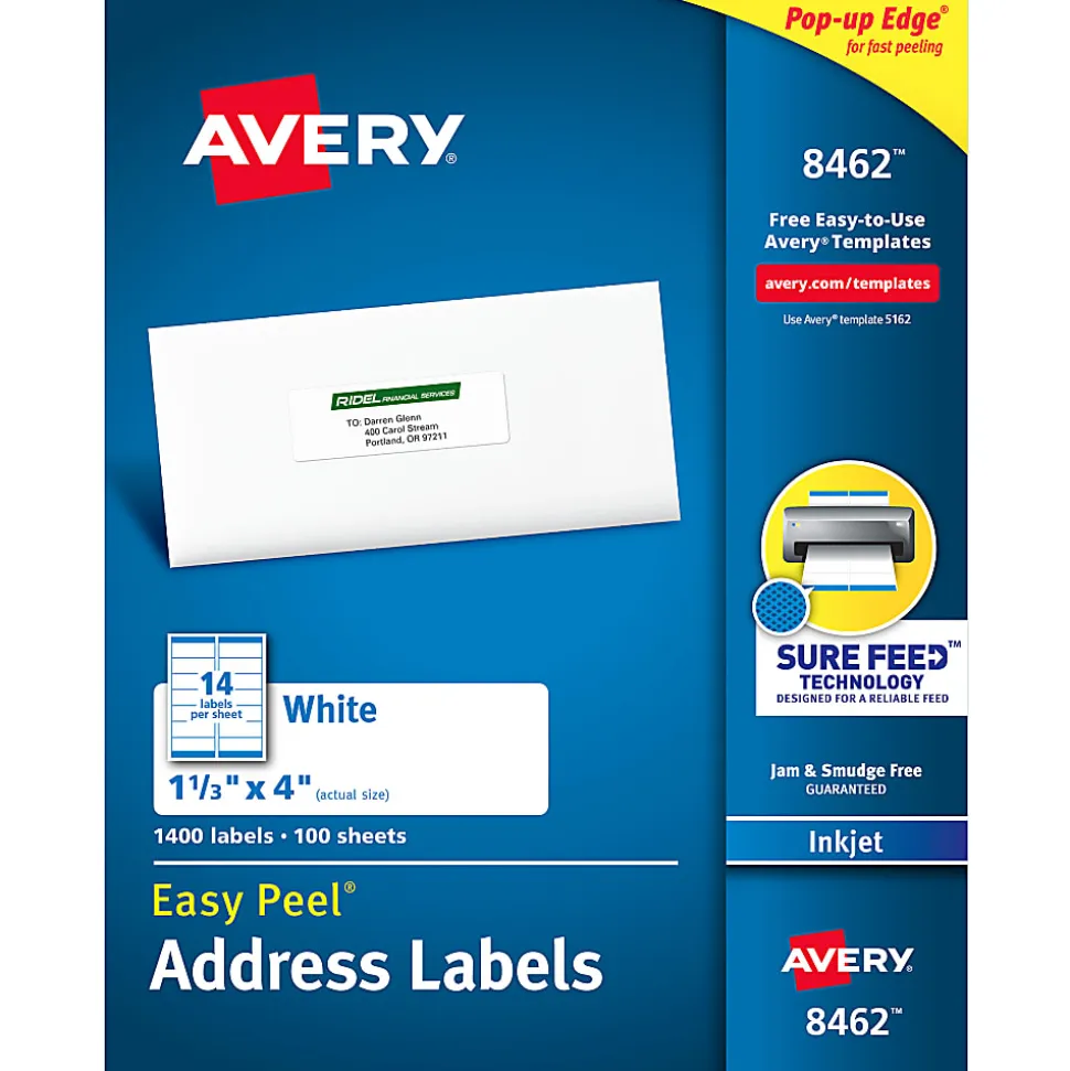 Avery® Easy Peel® Address Labels With Sure Feed® Technology, 8462, Rectangle, 1-1/3" x 4", White, Box Of 1,400