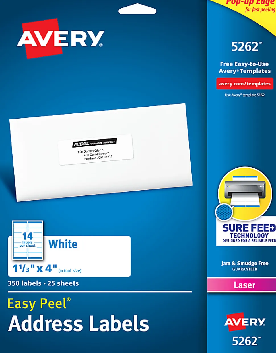 Avery® Easy Peel® Address Labels With Sure Feed® Technology, 5262, Rectangle, 1-1/3" x 4", Matte White, Pack Of 350