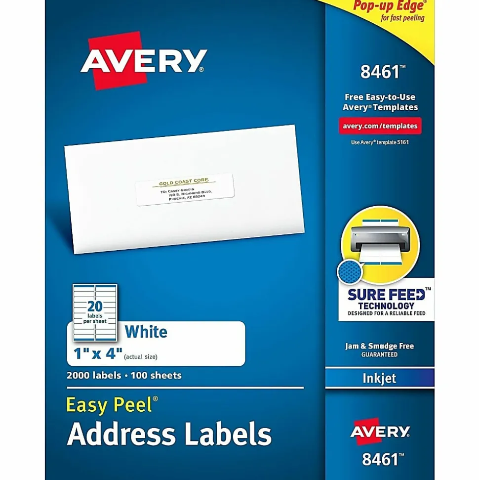 Avery® Easy Peel® Address Labels With Sure Feed® Technology, 8461, Rectangle, 1" x 4", White, Box Of 2,000