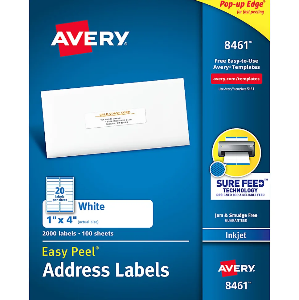 Avery® Easy Peel® Address Labels With Sure Feed® Technology, 8461, Rectangle, 1" x 4", White, Box Of 2,000