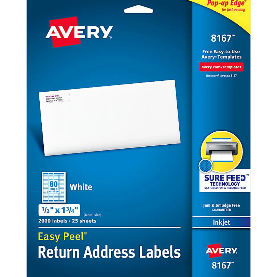 Avery® Easy Peel® Address Labels With Sure Feed® Technology, 8167, Rectangle, 1/2" x 1-3/4", Matte White, Pack Of 2,000