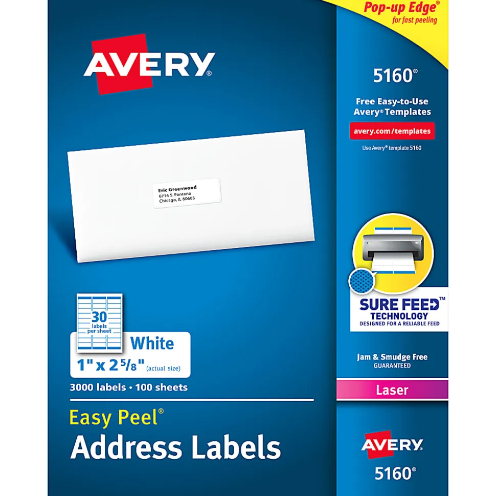 Avery® Easy Peel® Address Labels With Sure Feed® Technology, 5160, Rectangle, 1" x 2-5/8", Matte White, Box Of 3,000