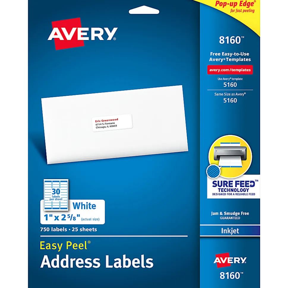 Avery® Easy Peel® Address Labels With Sure Feed® Technology, 8160, Rectangle, 1" x 2-5/8", Matte White, Pack Of 750
