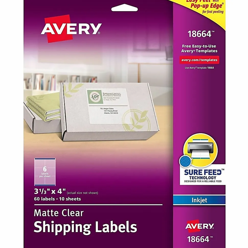 Avery® Easy Peel® Clear Inkjet Shipping Labels, 18664, 3 1/3" x 4", Pack Of 60
