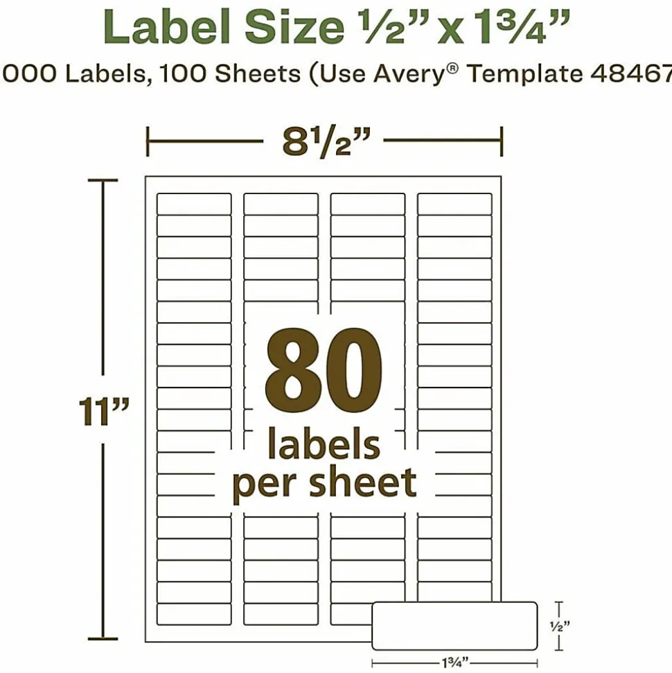 Avery® Easy Peel® EcoFriendly Permanent Inkjet/Laser Return Address Labels, 48467, 1/2" x 1 3/4", 100% Recycled, White, Pack Of 8,000