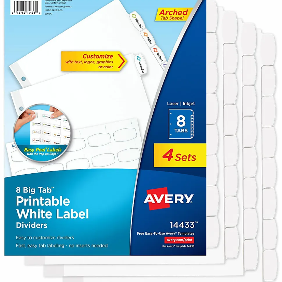 Avery® Easy Peel® Pop-up Edge® Label Dividers, 8 1/2" x 11", 8-Tab, White, Pack Of 4