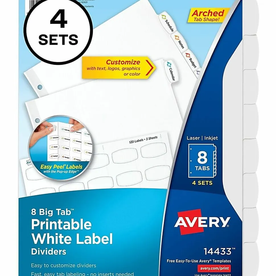 Avery® Easy Peel® Pop-up Edge® Label Dividers, 8 1/2" x 11", 8-Tab, White, Pack Of 4