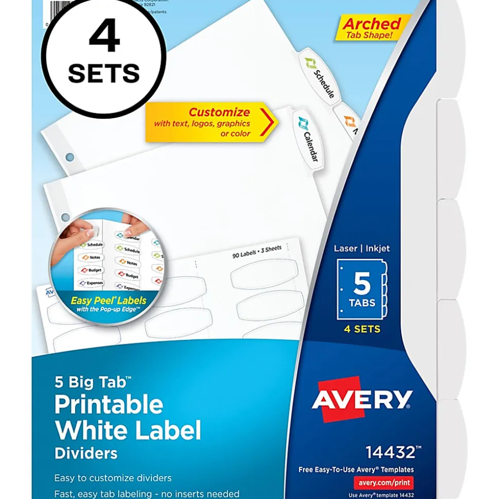 Avery® Easy Peel® Pop-up Edge® Label Dividers, 8 1/2" x 11", 5-Tab, White, Pack Of 4