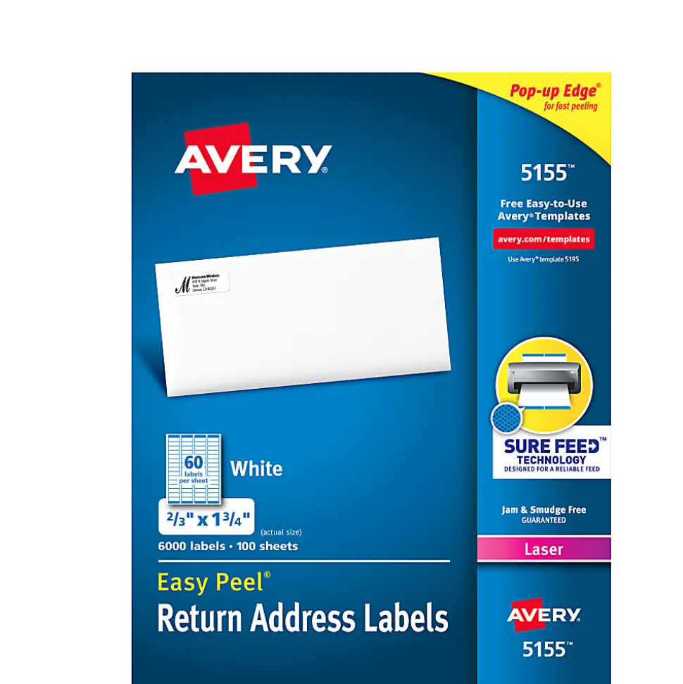 Avery® Easy Peel® Return Address Labels With Sure Feed® Technology, 5155, Rectangle, 2/3" x 1-3/4", White, Pack Of 6,000