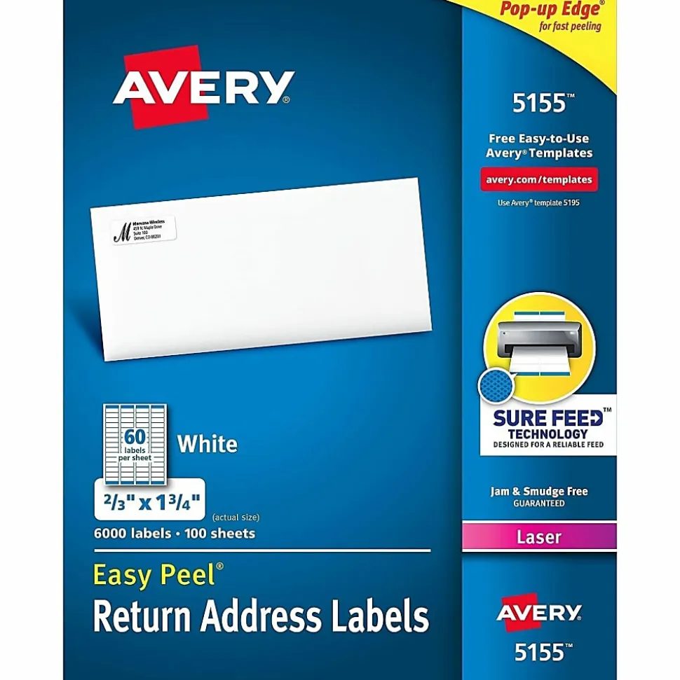 Avery® Easy Peel® Return Address Labels With Sure Feed® Technology, 5155, Rectangle, 2/3" x 1-3/4", White, Pack Of 6,000