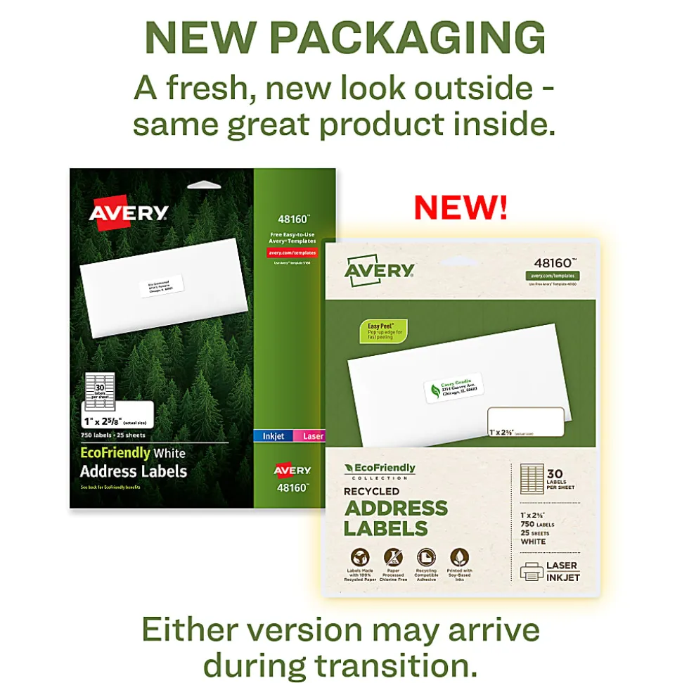 Avery® EcoFriendly Address Labels, 48160, Rectangle, 1" x 2-5/8", White, Pack Of 750 Labels