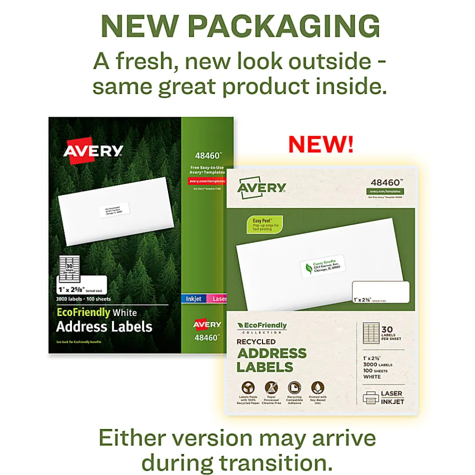 Avery® EcoFriendly Address Labels, 48460, Rectangle, 1" x 2-5/8", White, Pack Of 3,000