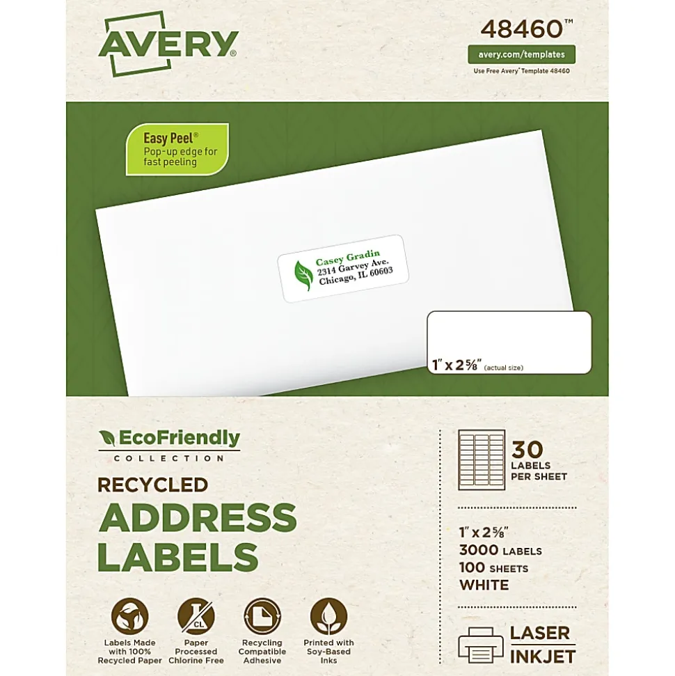 Avery® EcoFriendly Address Labels, 48460, Rectangle, 1" x 2-5/8", White, Pack Of 3,000