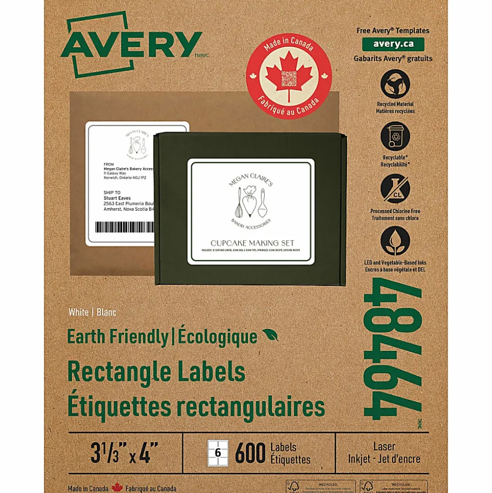 Avery® EcoFriendly Permanent Shipping Labels, 48464, 3 1/3" x 4", 100% Recycled, White, Box Of 600