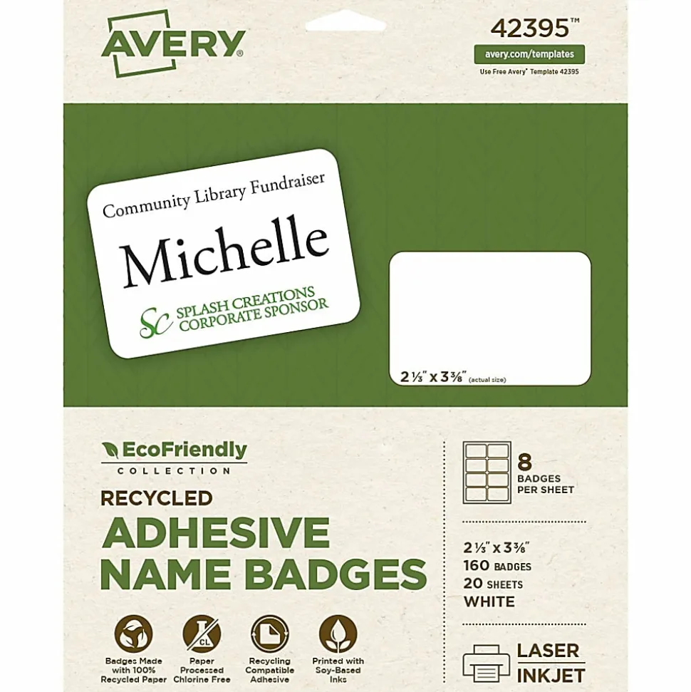 Avery® EcoFriendly 100% Recycled Name Badges, 2 1/3" x 3 3/8", White, Pack Of 160