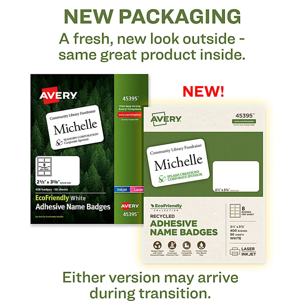 Avery® EcoFriendly 100% Recycled Name Badges, 2 1/3" x 3 3/8", White, Pack Of 400