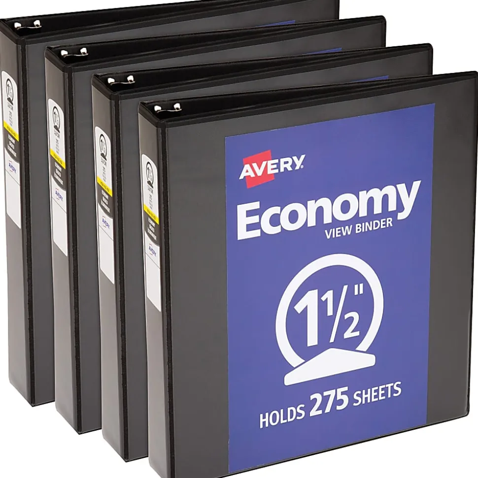 Avery® Economy View Binder, 1 1/2" Ring, 8 1/2" x 11", Black, Pack Of 4
