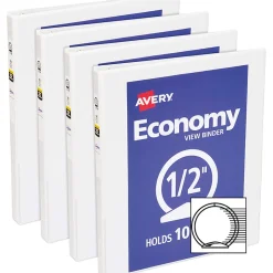 Avery® Economy View Binder, 1/2" Ring, 8 1/2" x 11", White, Pack Of 4