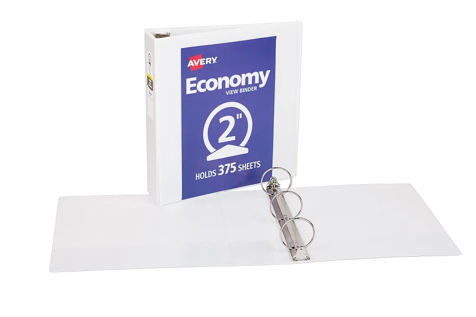 Avery® Economy View 3 Ring Binder, 2" Round Rings, White, 1 Binder