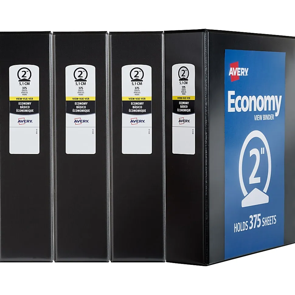 Avery® Economy View 3 Ring Binders, 2" Round Rings, Black, Pack Of 4