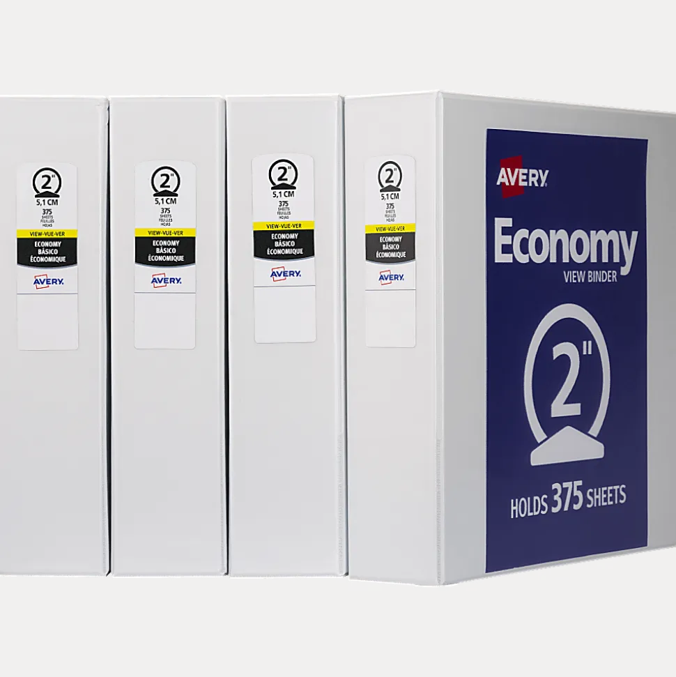 Avery® Economy View 3 Ring Binders, 2" Round Rings, White, Pack Of 4