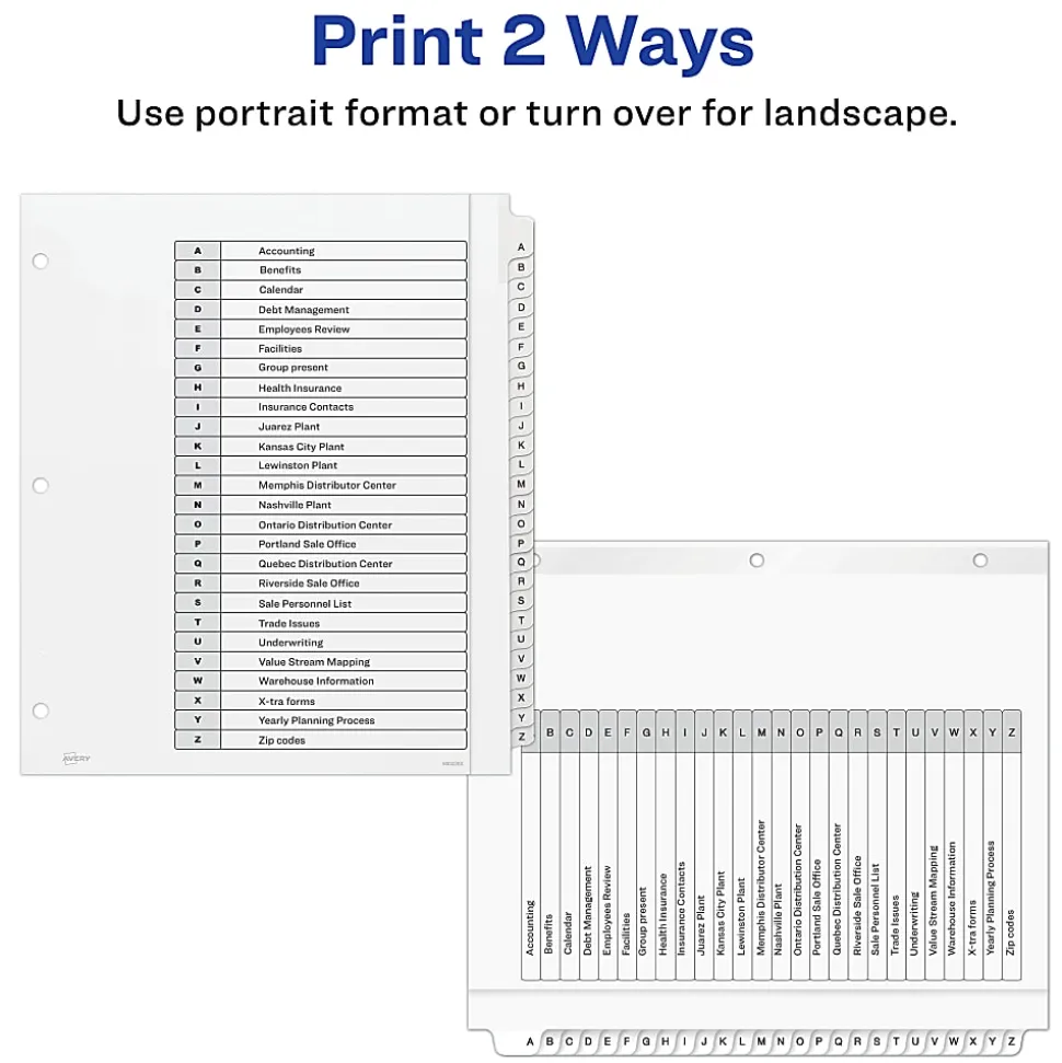 Avery® Extra-Wide A-Z Tab With Customizable Table of Contents Dividers For 3 Ring Binders, 9-1/4" x 11", 26 Tab, White, 1 Set