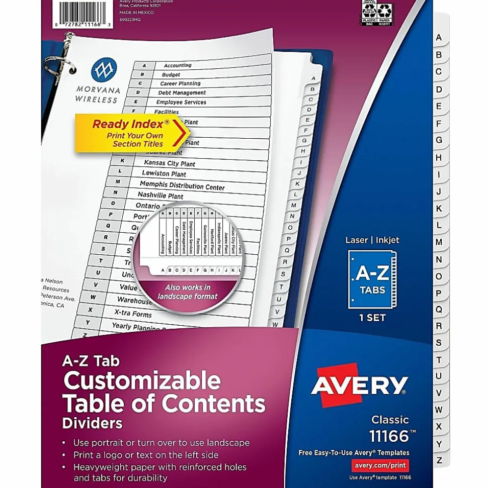 Avery® Extra-Wide A-Z Tab With Customizable Table of Contents Dividers For 3 Ring Binders, 9-1/4" x 11", 26 Tab, White, 1 Set