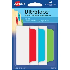Avery® Filing Ultra Tabs®, 3" x 1.5", 24 Repositionable File Tabs, 2-Side Writable, Red/Blue/Green