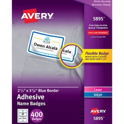 Avery® Flexible Name Badge Labels, 5895, 2 1/3" x 3 3/8", White With Blue Border, Box Of 400