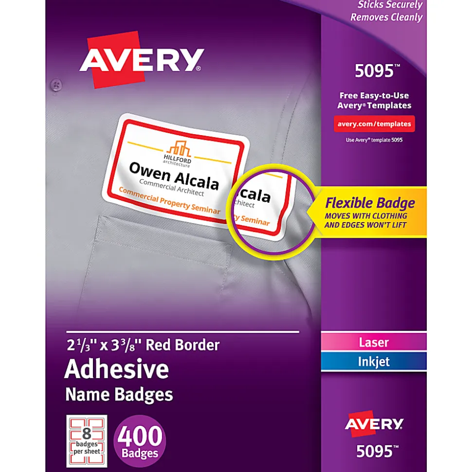 Avery® Flexible Name Badge Labels, 2 1/3" x 3 3/8", White With Red Border, Box Of 400