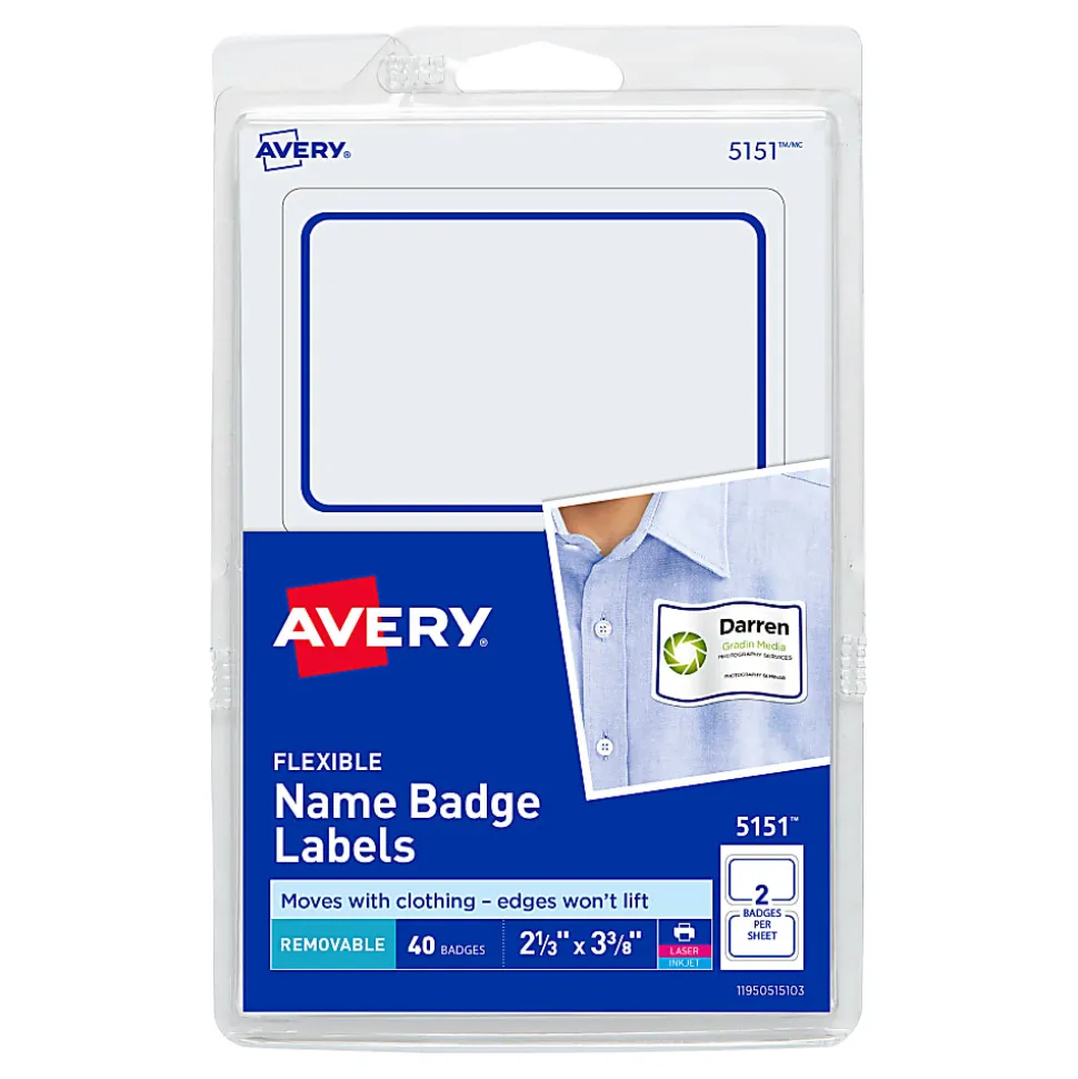 Avery® Flexible Name Badge Labels, 2 1/3" x 3 3/8", White With Blue Border, Pack Of 40