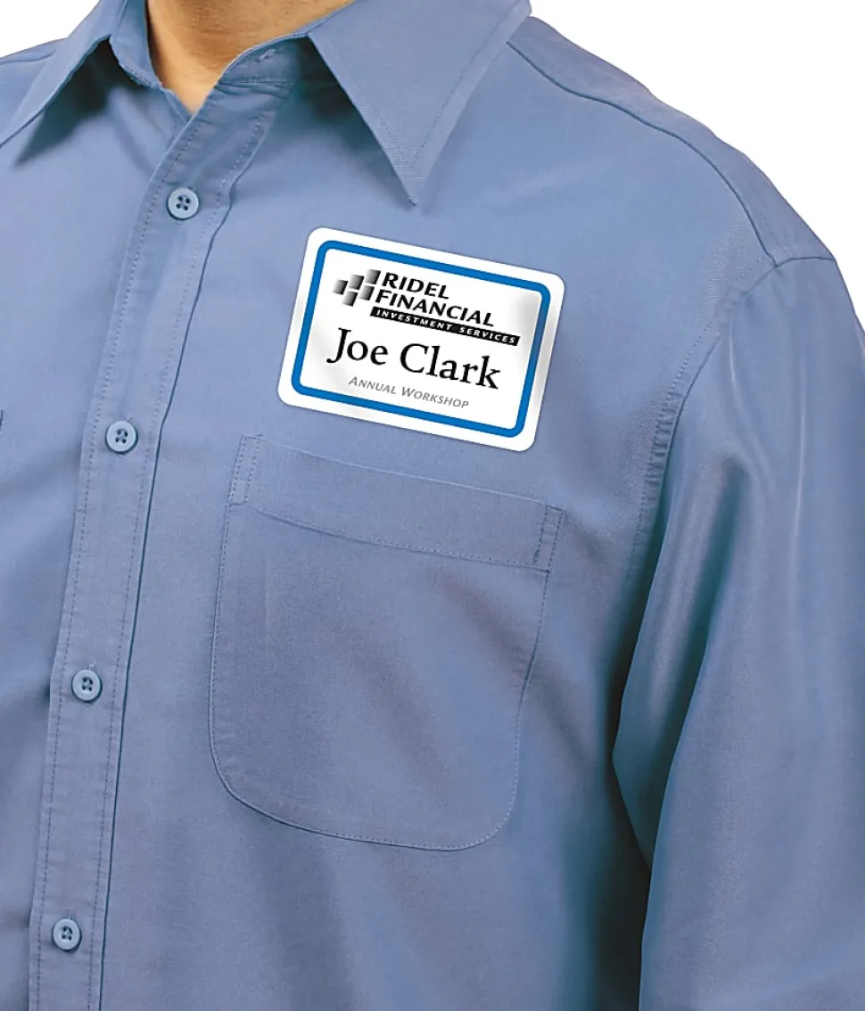 Avery® Flexible Name Badge Labels, 2 1/3" x 3 3/8", White With Blue Border, Pack Of 40