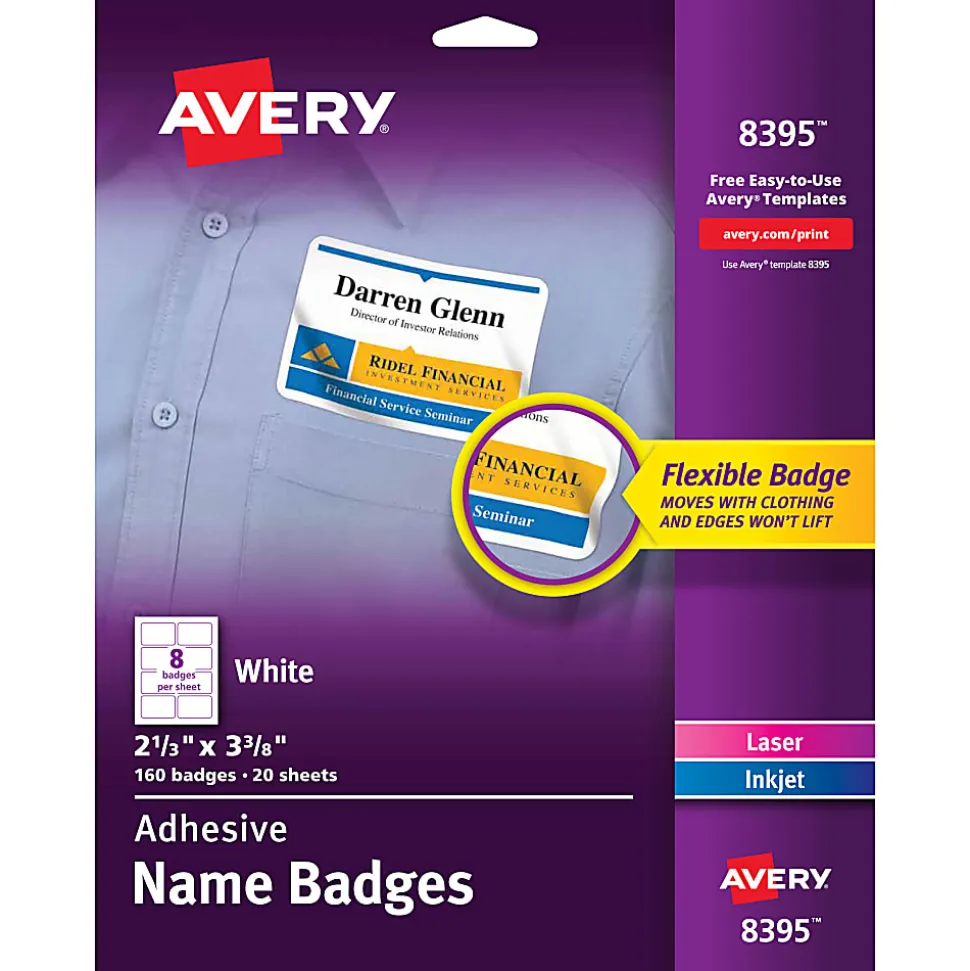 Avery® Flexible Name Badge Labels, 2 1/3" x 3 3/8", White, Box Of 160