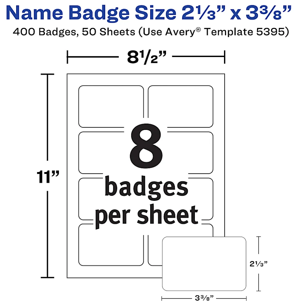 Avery® Flexible Name Badge Labels, 5395, 2 1/3" x 3 3/8", White, Box Of 400