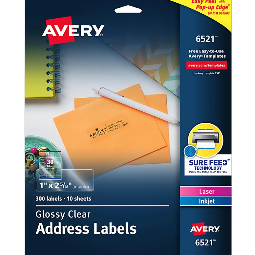 Avery® Glossy Permanent Labels, 6521, Mailing, 1" x 2 5/8", Clear, Pack Of 300