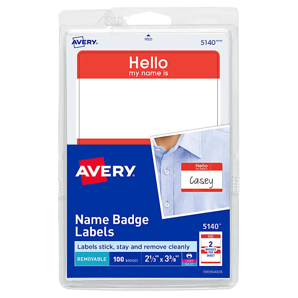 Avery® "Hello My Name Is" Name Tags, 05140, 2-1/3" x 3-3/8", White With Red Border, 100 Removable Name Badges