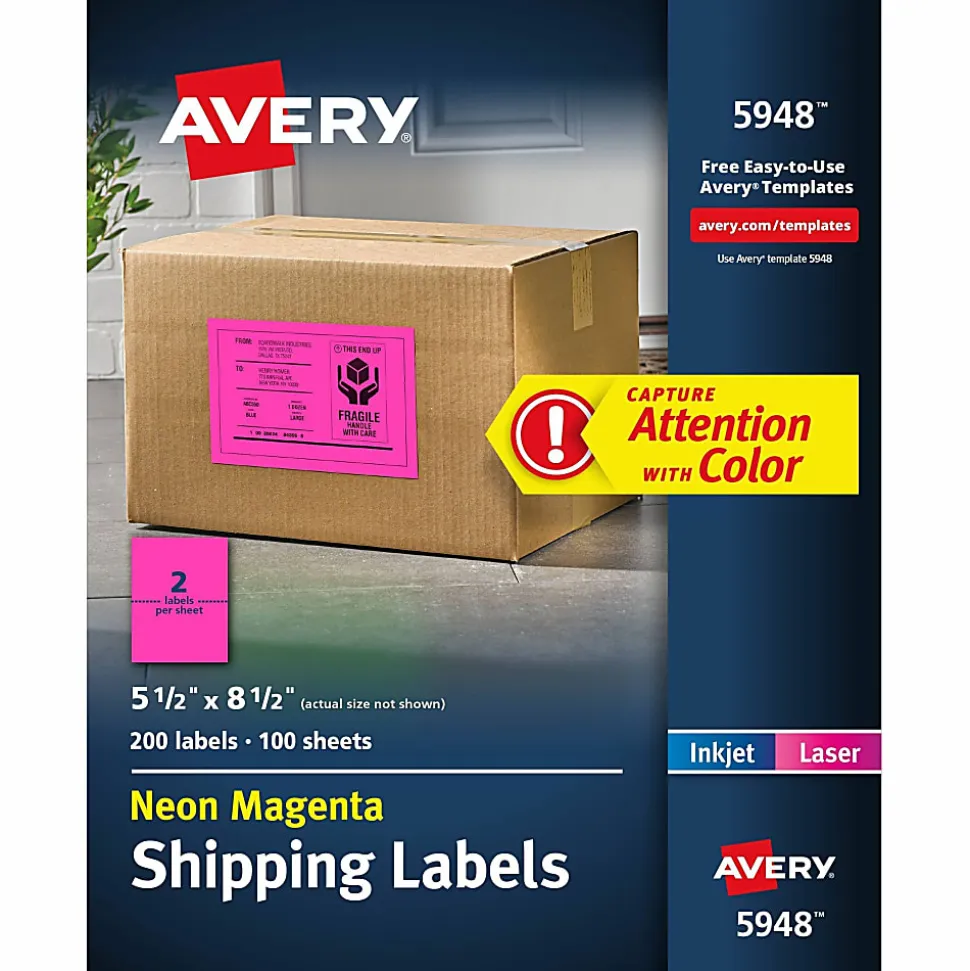 Avery® High-Visibility Permanent Shipping Labels, 5948, 5 1/2" x 8 1/2", Neon Magenta, Pack Of 200