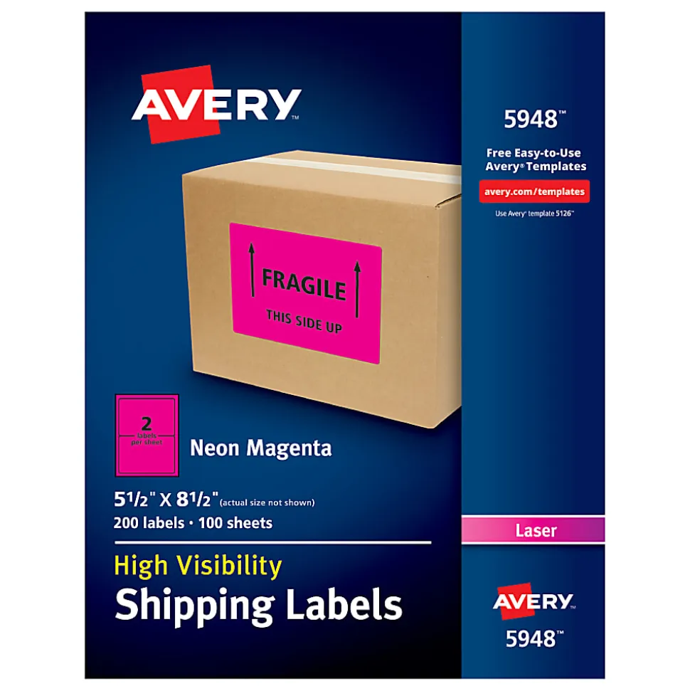 Avery® High-Visibility Permanent Shipping Labels, 5948, 5 1/2" x 8 1/2", Neon Magenta, Pack Of 200
