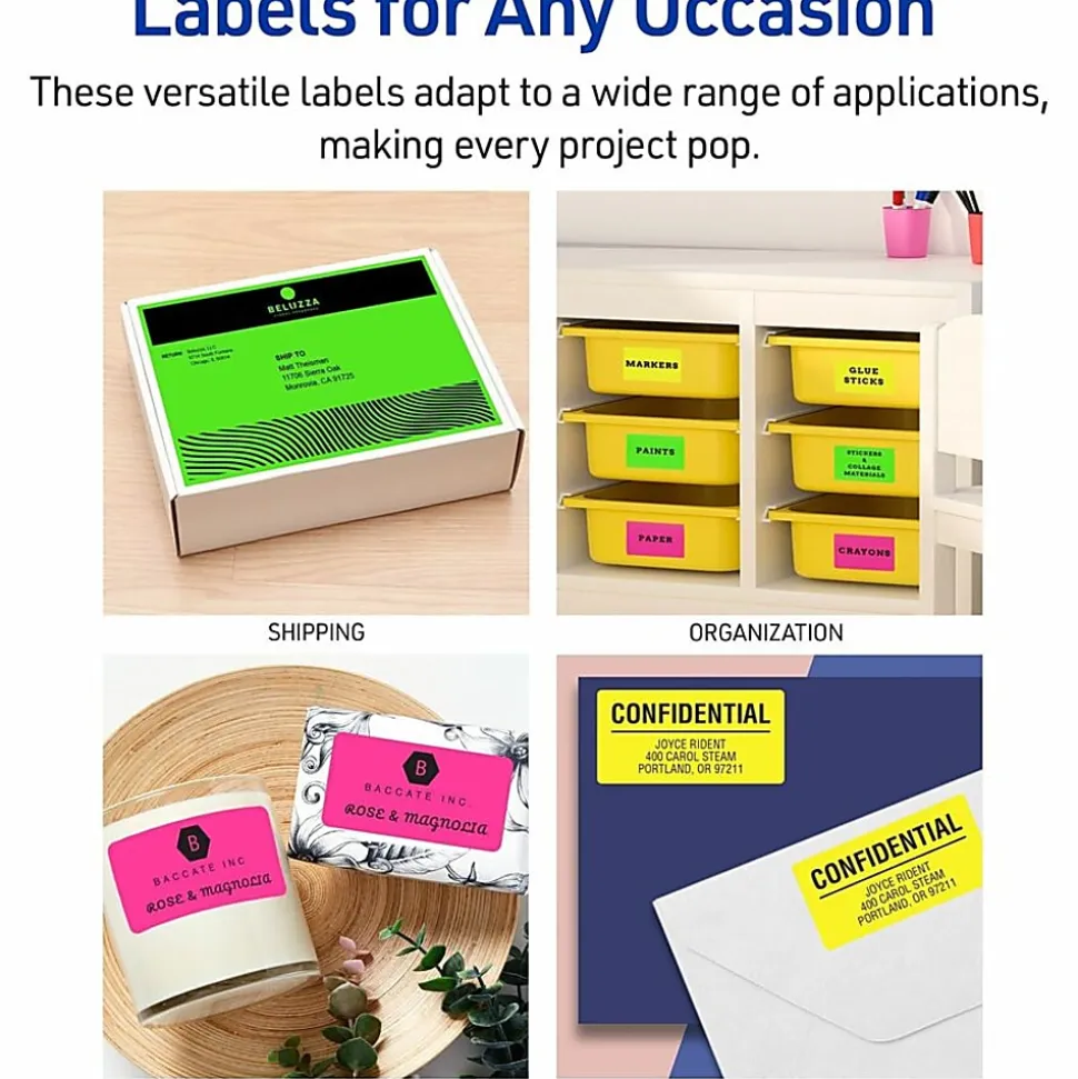 Avery® High-Visibility Permanent Shipping Labels, 5956, 2" x 4", Assorted Colors, Pack Of 500