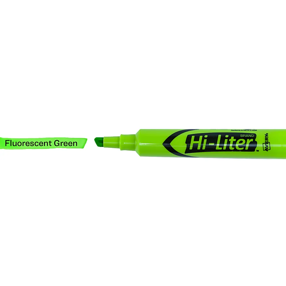 Avery® Hi-Liter® Highlighters, SmearSafe®, Chisel Tip, Desk-Style, Fluorescent Green, Box Of 12